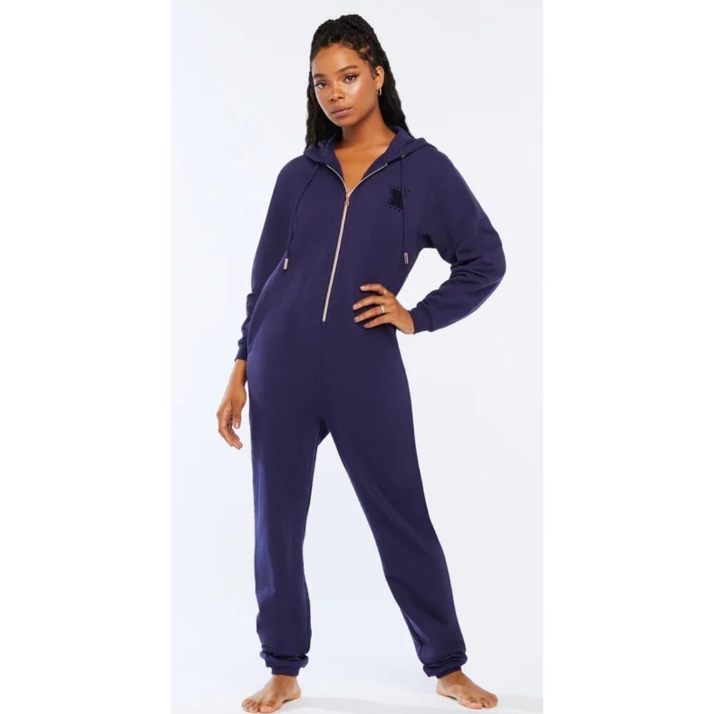 Savage X Fenty Forever Savage Hooded One Piece Jumpsuit in Navy Blue. Size M.